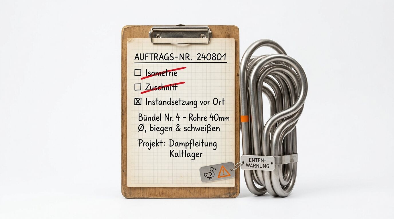 Holzklemmbrett mit Auftragsnotiz und daneben ein Metallrohrbündel auf weißem Hintergrund