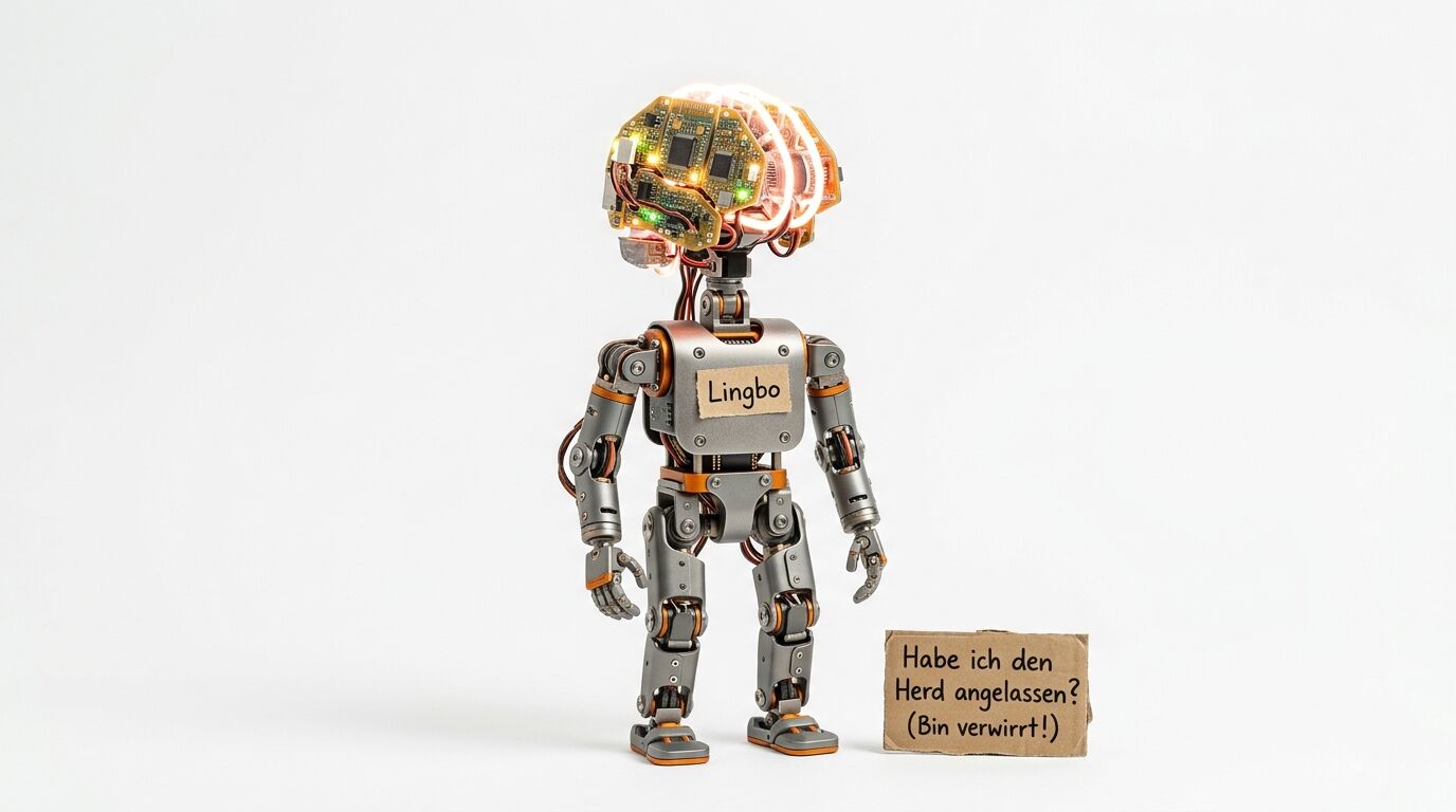 Roboter mit Gehirn-Platine vor weißem Hintergrund. Daneben ein Pappschild mit deutschem Text