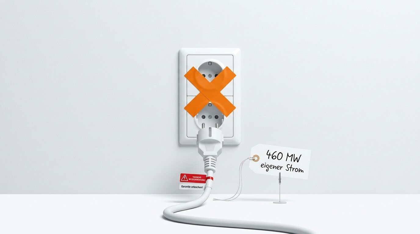 Steckdose mit überklebtem X, Stecker und Schild mit Aufschrift
