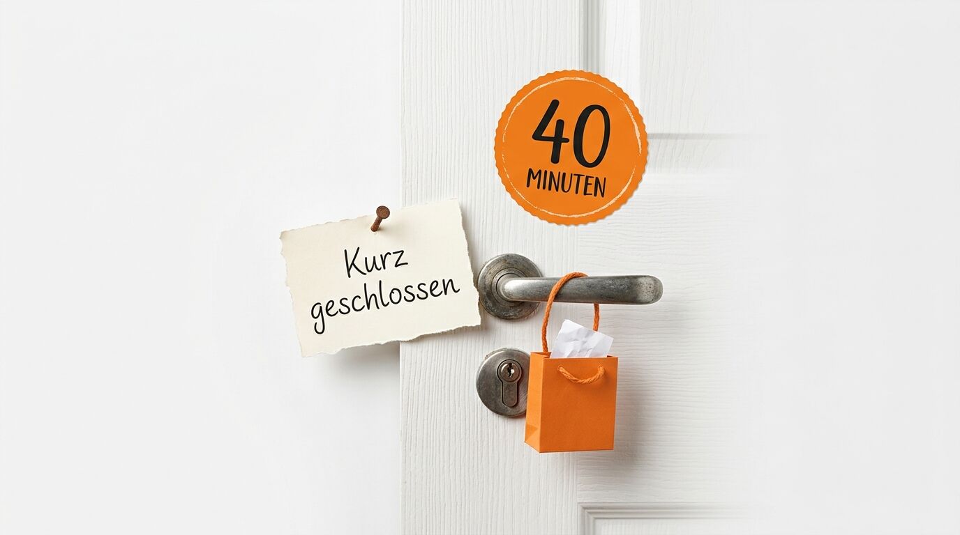 Foto einer Tür mit einem Schild „Kurz geschlossen“ und einem Anhänger „40 Minuten“