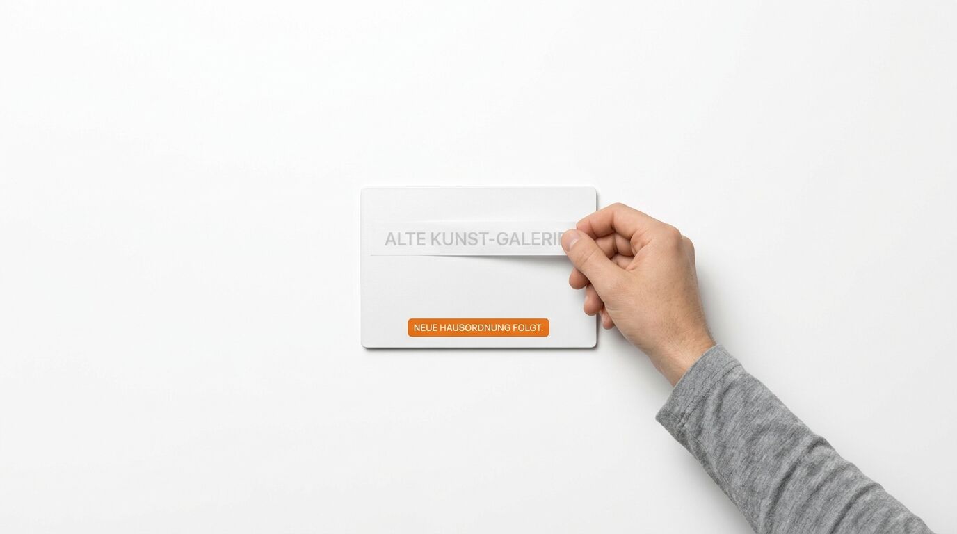 Eine Hand im grauen Ärmel zieht einen Streifen vom weißen Schild. Der Text oben ist teils verdeckt