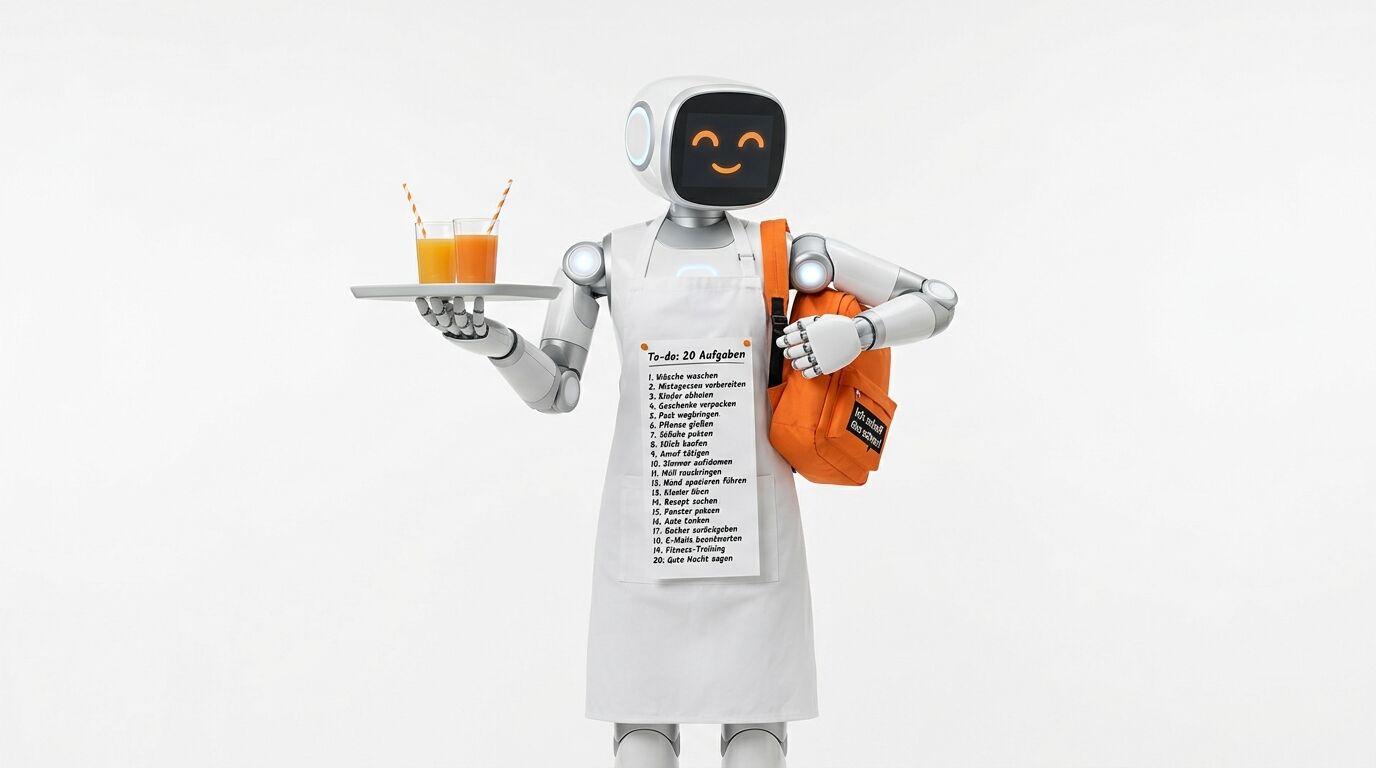 Roboter mit Schürze, To-Do-Liste, Saftgläsern und Rucksack vor weißem Hintergrund