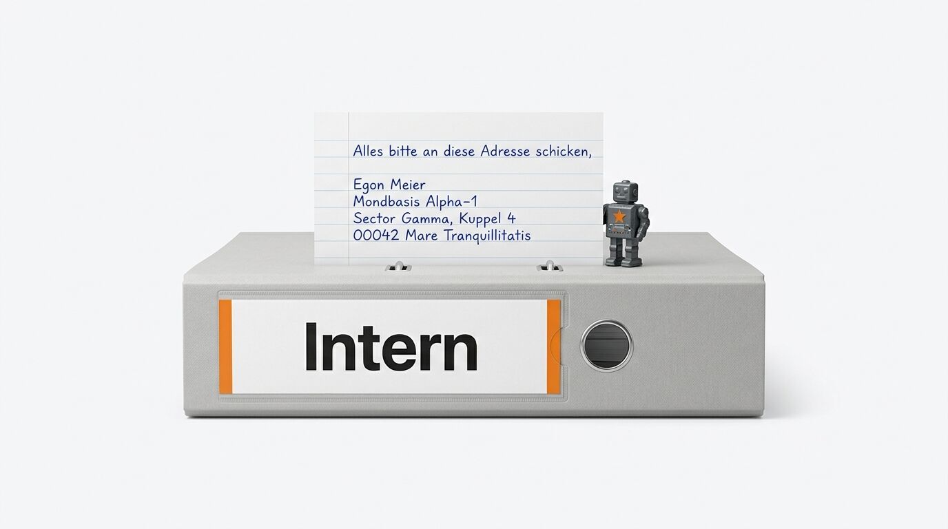 Ordnerrücken „Intern“ mit Adresskarte auf Mondbasis und kleinem Roboter vor weißem Hintergrund