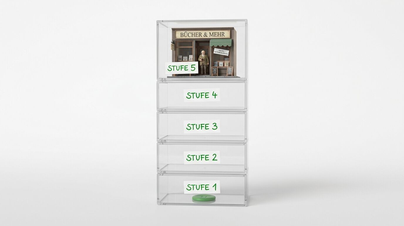 Fünf stapelbare Acrylboxen auf Weiß, oben ein Miniatur-Buchladen, unten ein grüner Knopf