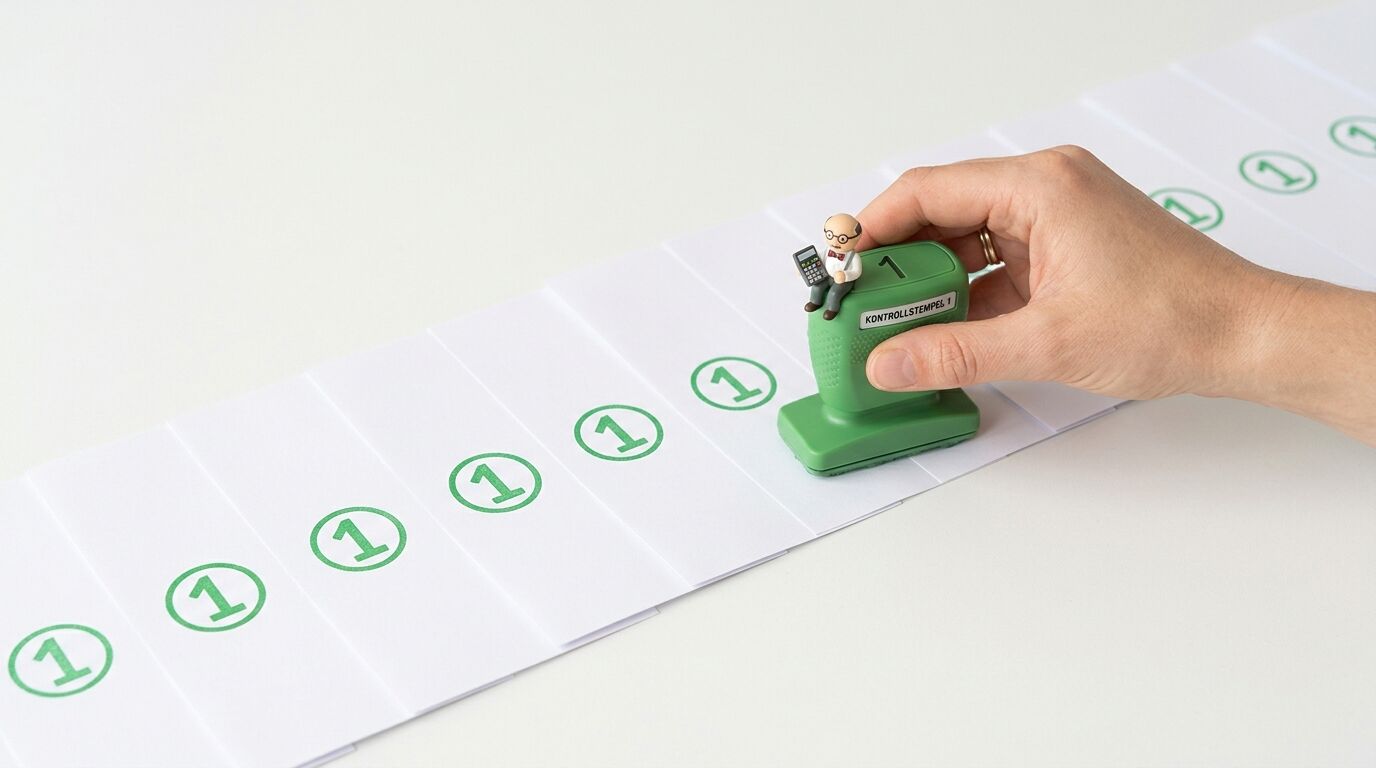 Hand stempelt Papier mit Kontrollstempel 1 und kleiner Figur, umgeben von grünen Kreisen