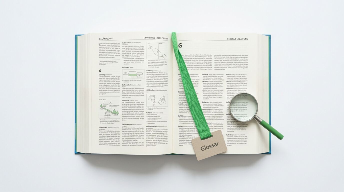 Offenes Buch mit Lupe und Lesezeichen „Glossar“ auf weißem Hintergrund