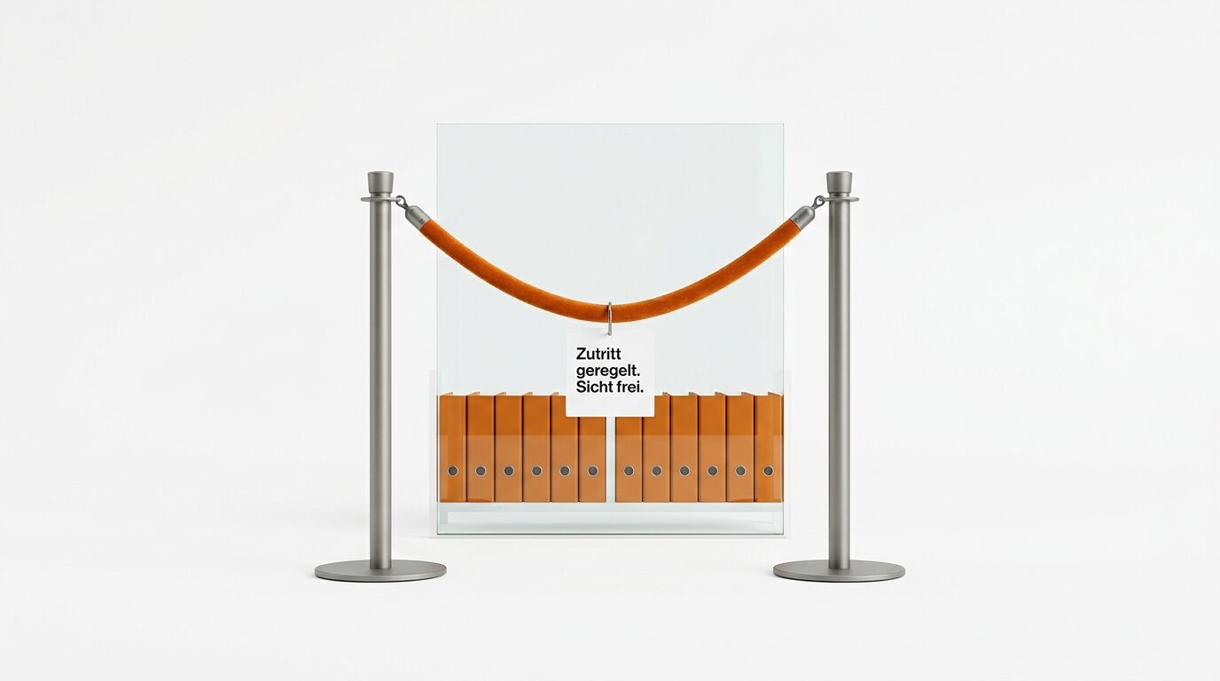 Absperrpfosten mit orangefarbenem Seil und Schild vor Aktenordnern in Vitrine