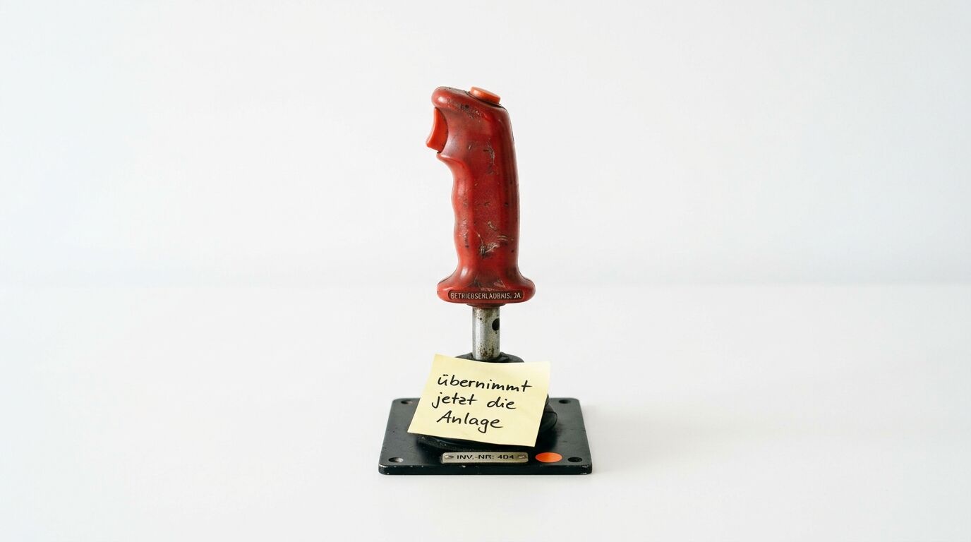 Roter Flugzeug-Joystick mit Notizzettel vor weißem Hintergrund