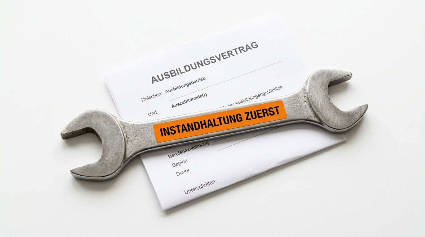 Ein Schraubenschlüssel mit einem Aufkleber liegt auf einem Ausbildungsvertrag