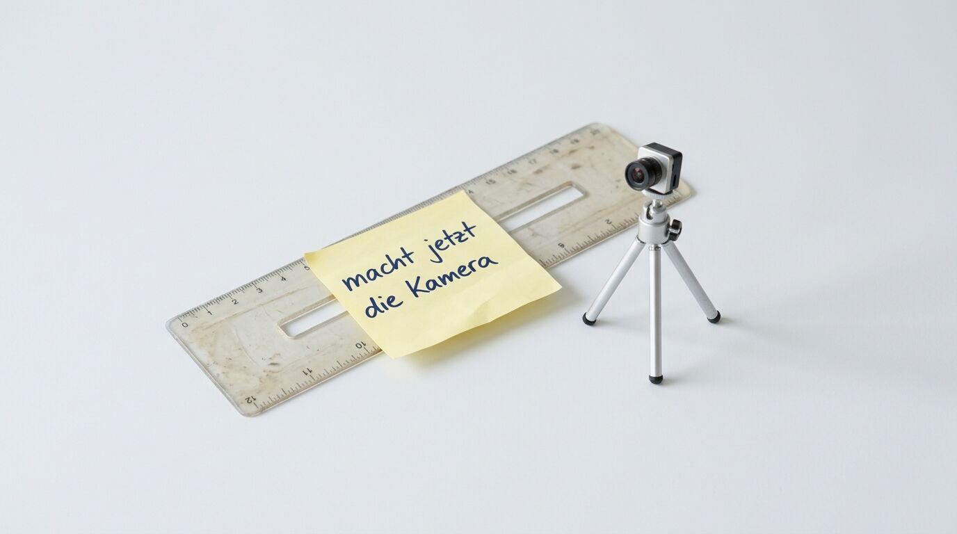 Ein Lineal und eine Minikamera auf Stativ, mit der Notiz „macht jetzt die Kamera“ davor