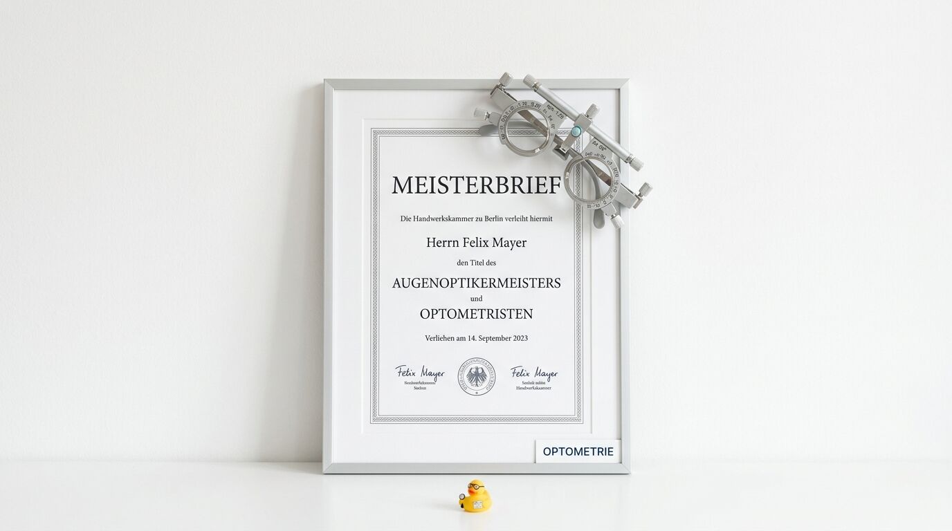 Geraumter Meisterbrief für einen Augenoptiker mit Messbrille und Badeente