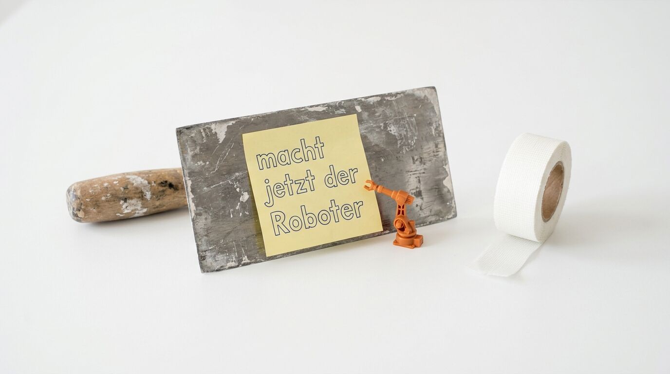 Eine Maurerkelle, ein Roboterarm, ein Band und ein Klebezettel mit der Aufschrift: Macht jetzt der Roboter