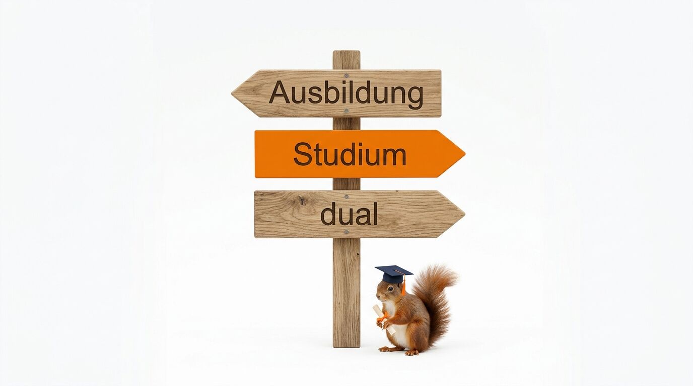 Wegweiser mit Beschriftung, daneben ein Eichhörnchen mit Doktorhut vor weißem Hintergrund