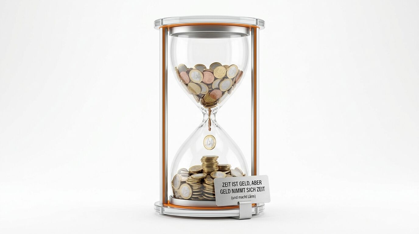Moderne Sanduhr gefüllt mit Euromünzen statt Sand und einem Metallschild davor auf weißem Grund