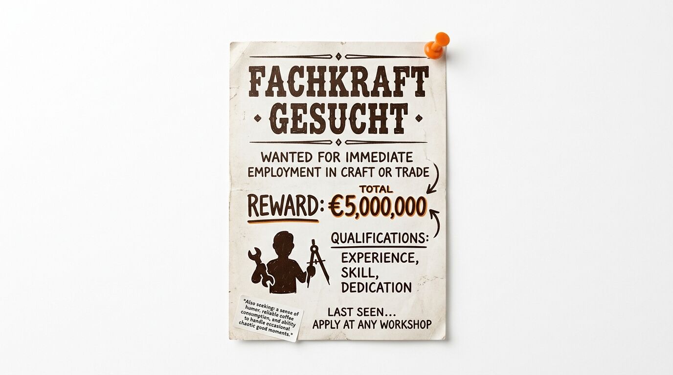 Plakat im Western-Stil: Fachkraft gesucht, 5 Mio. Euro Belohnung, Werkzeug-Piktogramm