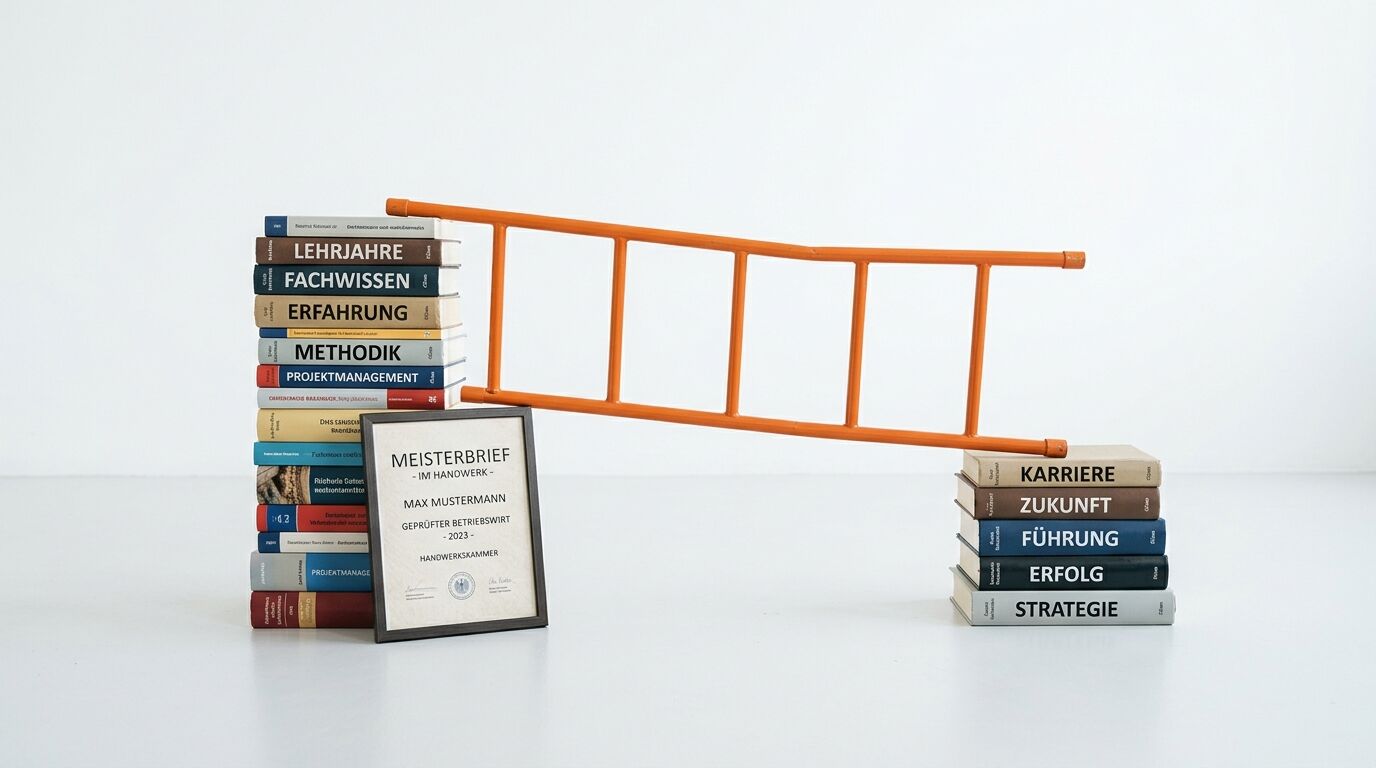 Orangene Leiter verbindet zwei Bücherstapel, davor ein gerahmter Meisterbrief, weißer Hintergrund