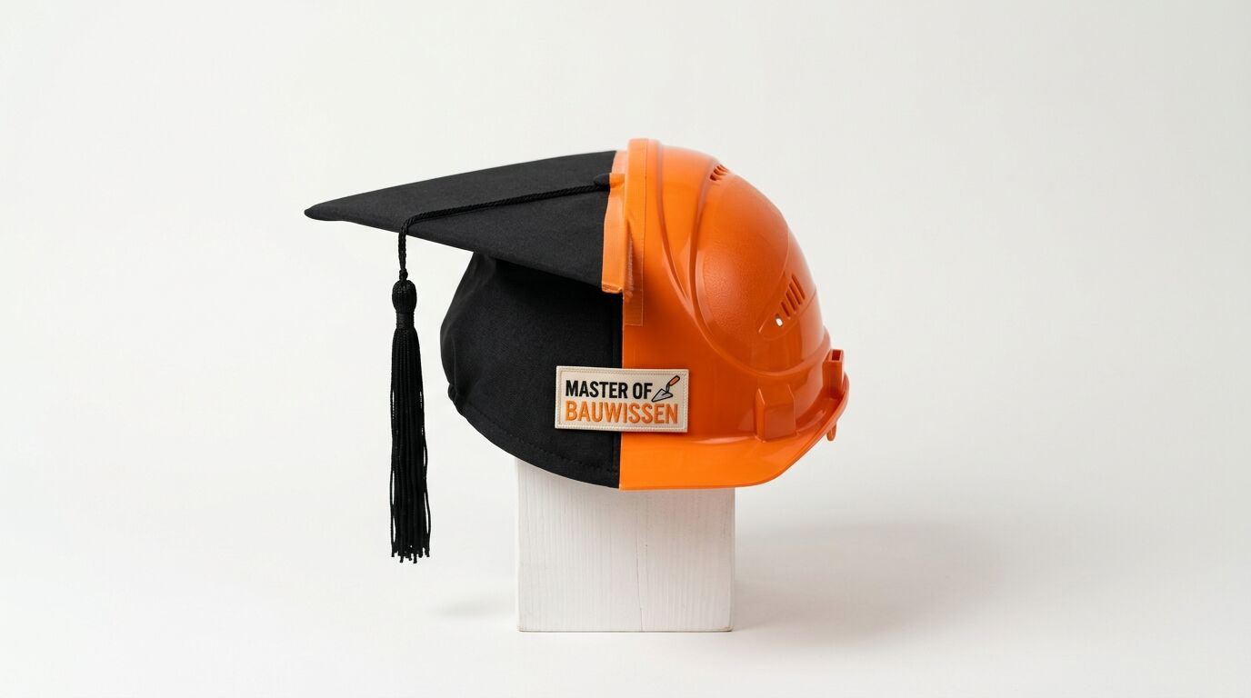 Kombination aus Doktorhut (links) und Bauhelm (rechts) mit Aufschrift „MASTER OF BAUWISSEN“