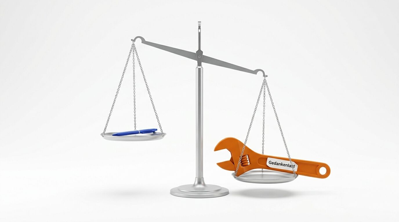 Waage mit Stift (links) und beschriftetem Schraubenschlüssel (rechts, tiefer) auf Weiß