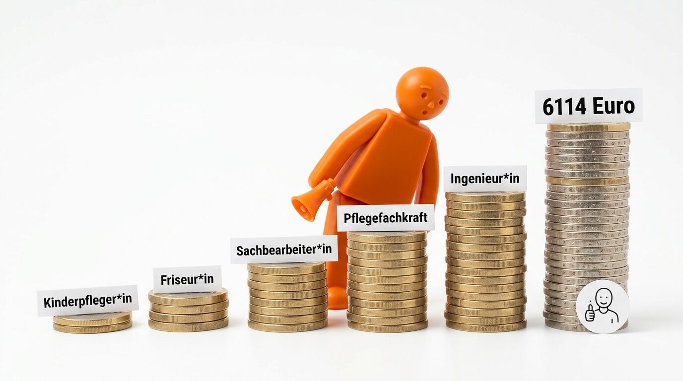 Münztapeln und eine orangefarbene Figur veranschaulichen Gehaltsunterschiede in Berufen