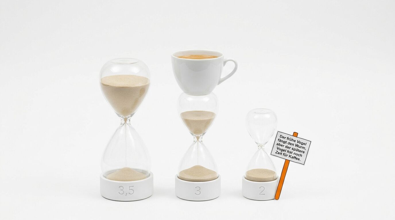 Drei Sanduhren, eine Kaffeetasse und ein Schild mit Spruch stehen nebeneinander