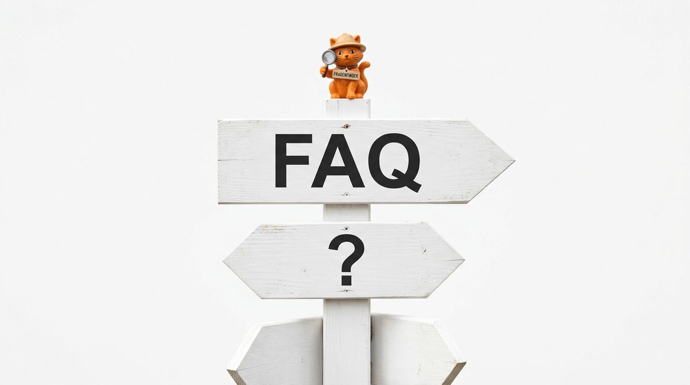 Weißer Wegweiser mit den Aufschriften „FAQ“ und einem Fragezeichen, oben eine Katze