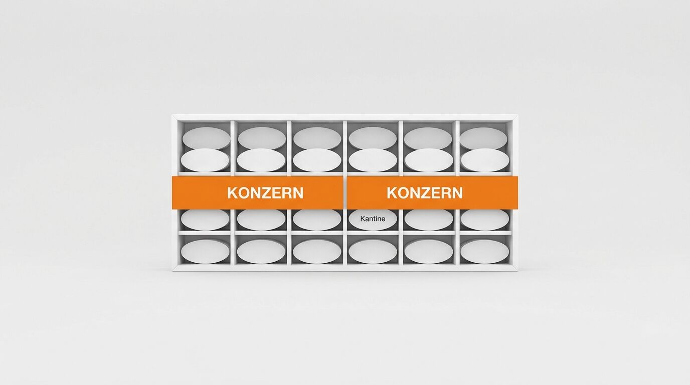 Grafik eines Regals mit Ovalen und orangefarbener Banderole mit Aufschrift KONZERN Kantine