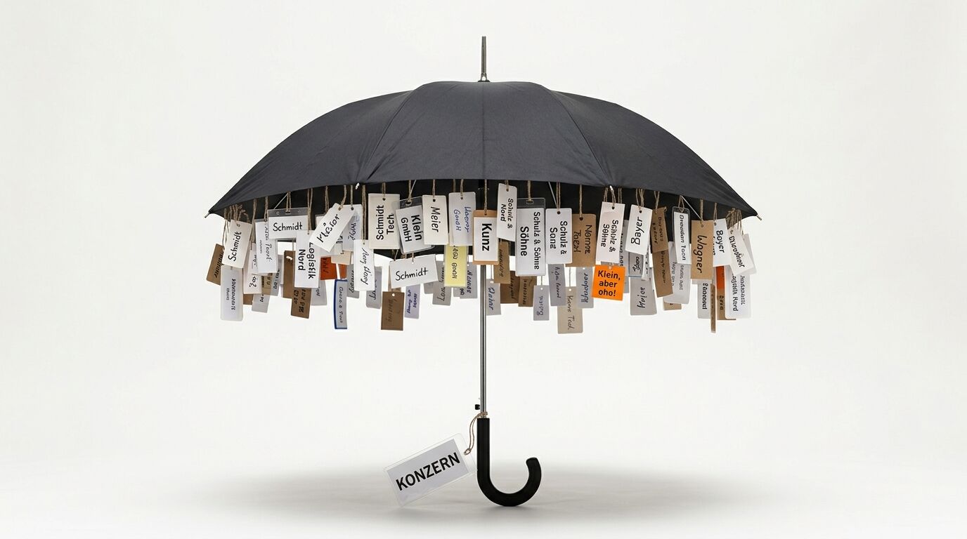 Schwarzer Regenschirm mit vielen kleinen Firmenschildern und einem Tag