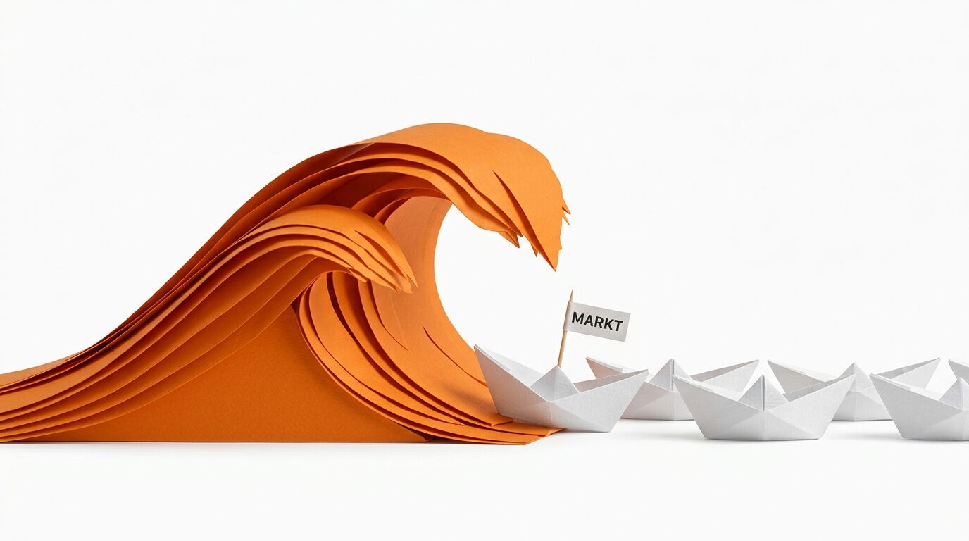 Große orangefarbene Papierwelle bedroht weiße Papierboote, eines mit der Aufschrift „MARKT“