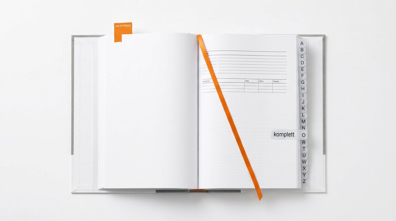 Ein aufgeschlagenes graues Notizbuch mit weißem Innenleben, orangem Lesezeichen und Register
