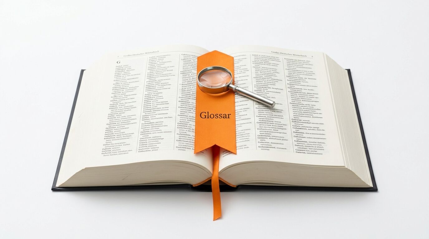 Offenes Buch mit Lupe und orangefarbenem Lesezeichen-Band mit der Aufschrift „Glossar“