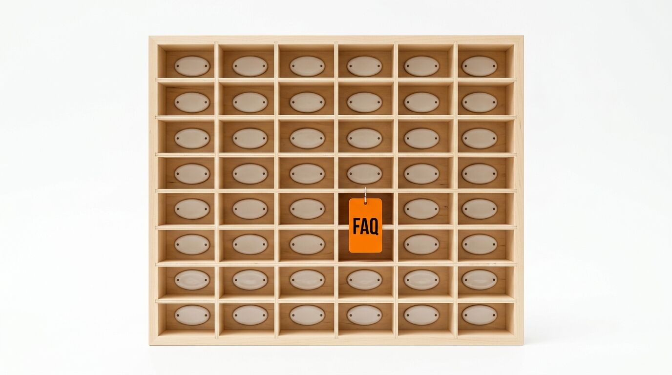 Holzregal mit Fächern, eins enthält ein oranges Schild mit der Aufschrift „FAQ“