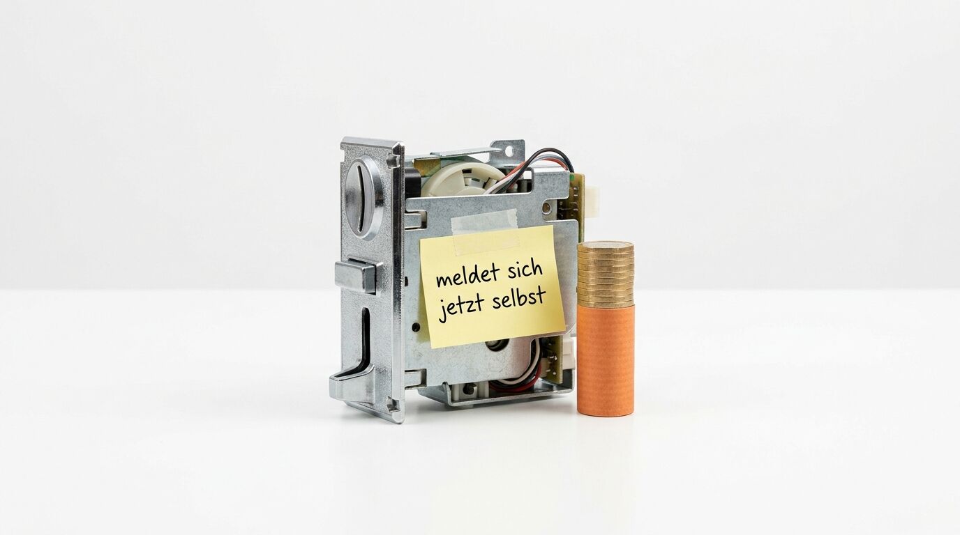 Münzprüfer mit Klebezettel: „meldet sich jetzt selbst“. Daneben Stapel aus Euro-Münzen