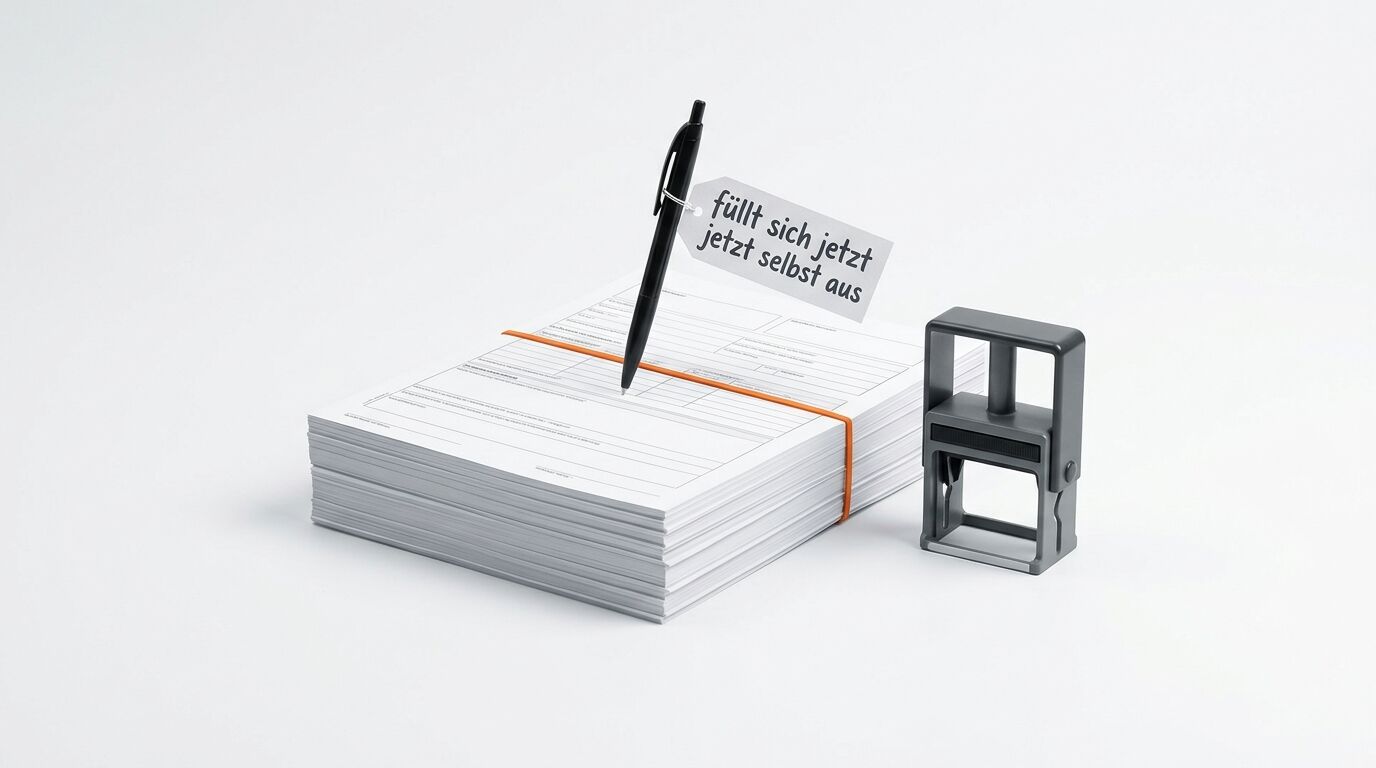 Papierstapel mit Gummiband, Stift mit Textfahne und Stempel auf weißem Grund