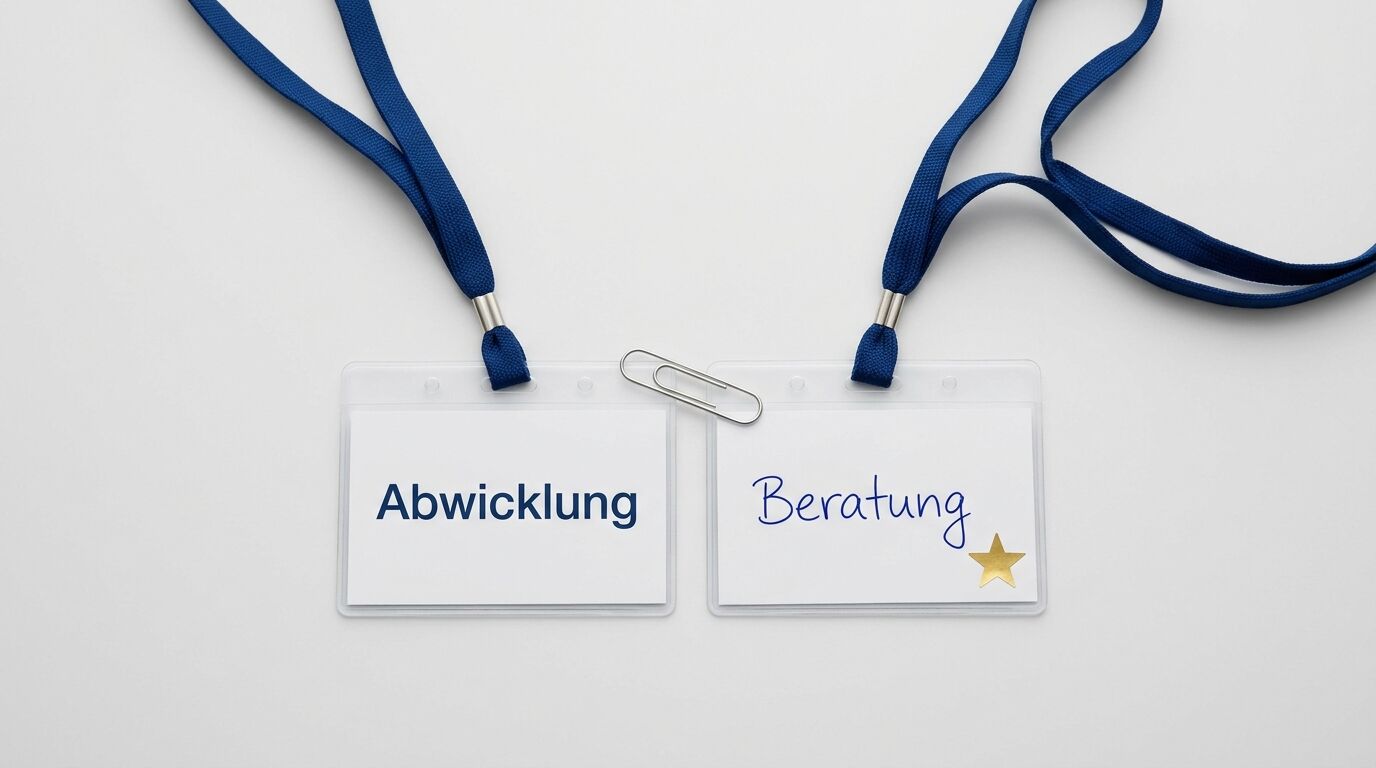 Zwei Namensschilder mit blauen Bändern, verbunden mit einer Büroklammer, zeigen die Worte