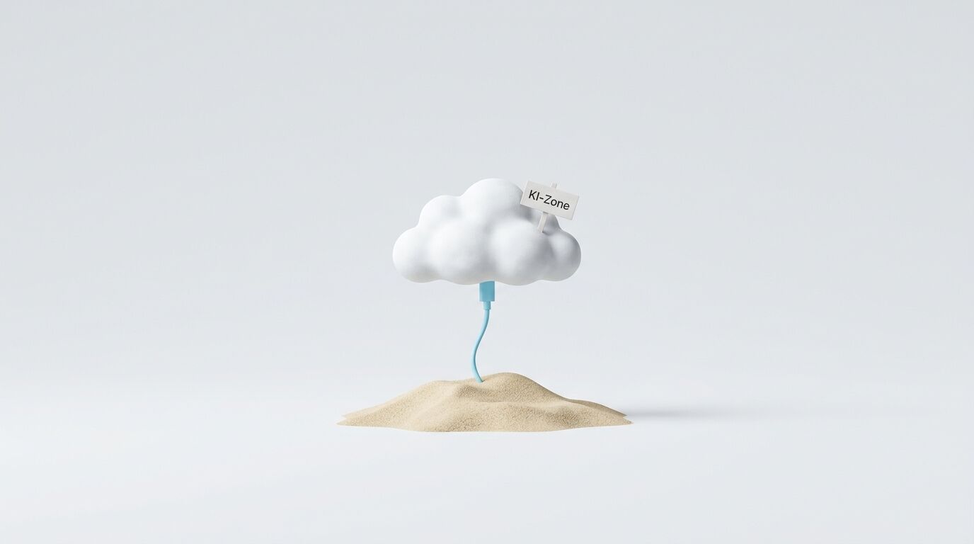 Eine weiße Wolke über Sand mit Kabel und „KI-Zone“-Schild vor weißem Hintergrund
