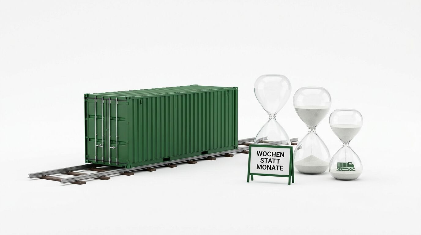 Grüner Container auf Schienen neben drei Sanduhren und einem Schild „WOCHEN STATT MONATE“