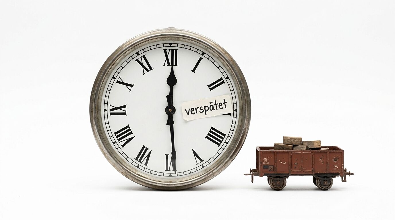 Runde Uhr mit römischen Ziffern und dem Zettel „verspätet“ neben einem Spielzeugwaggon
