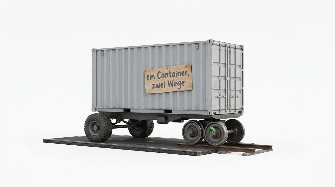 Containerwagen auf Straße und Schiene mit Holzschild:
