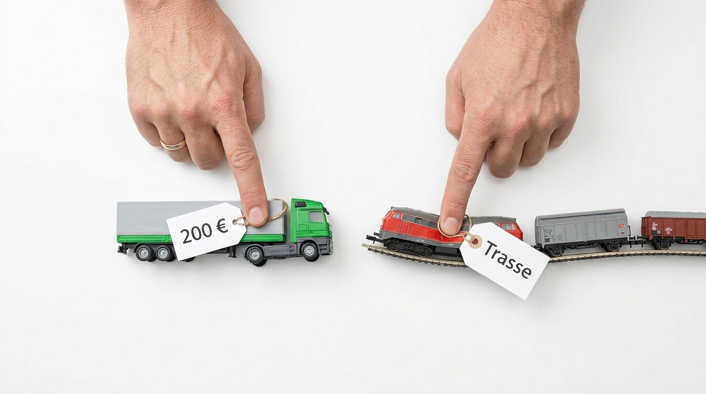 Zwei Hände zeigen auf ein Lkw-Modell (200€) und einen Modellzug (Trasse)