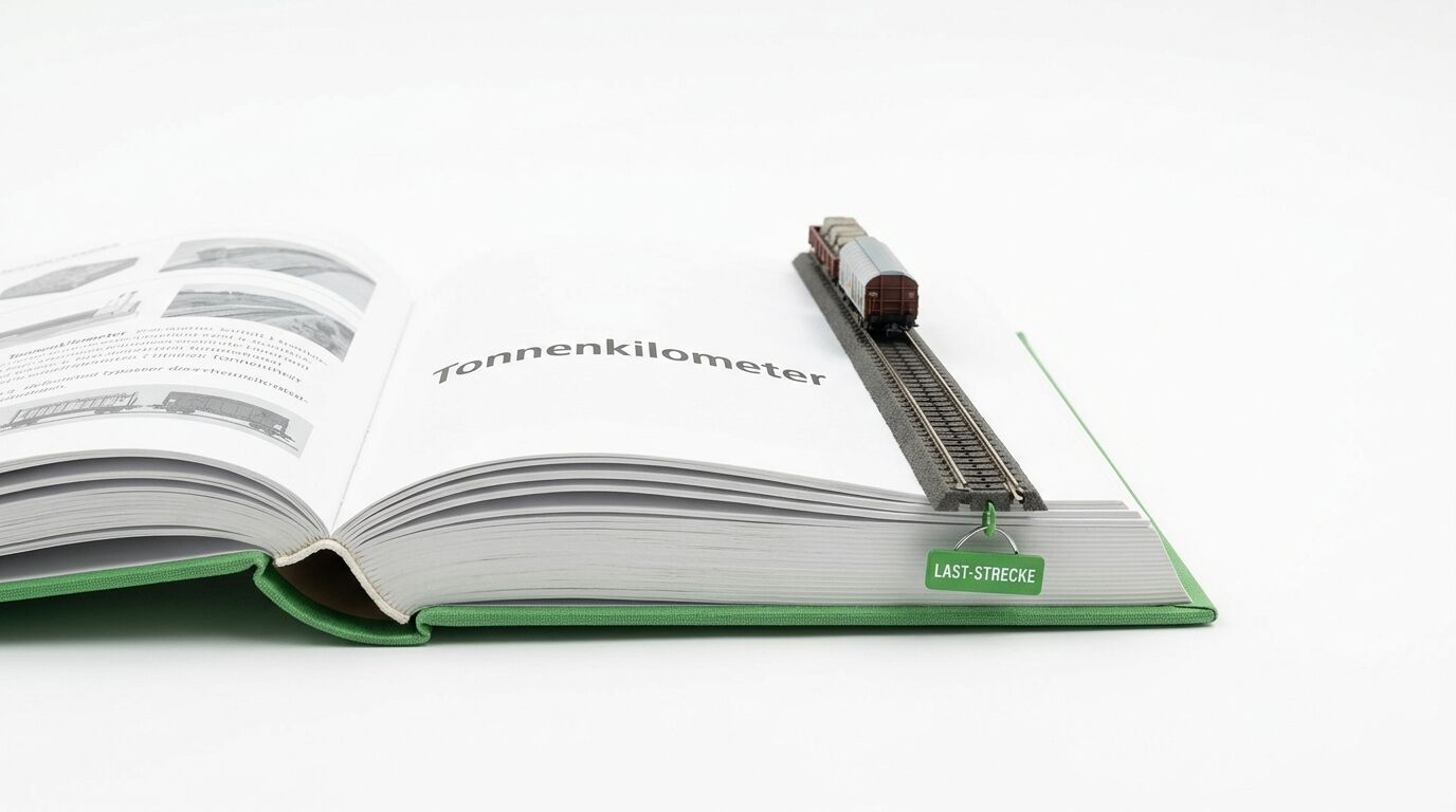 Aufgeschlagenes Buch mit Text „Tonnenkilometer“, Modelleisenbahnzug auf Schienen als Lesezeichen
