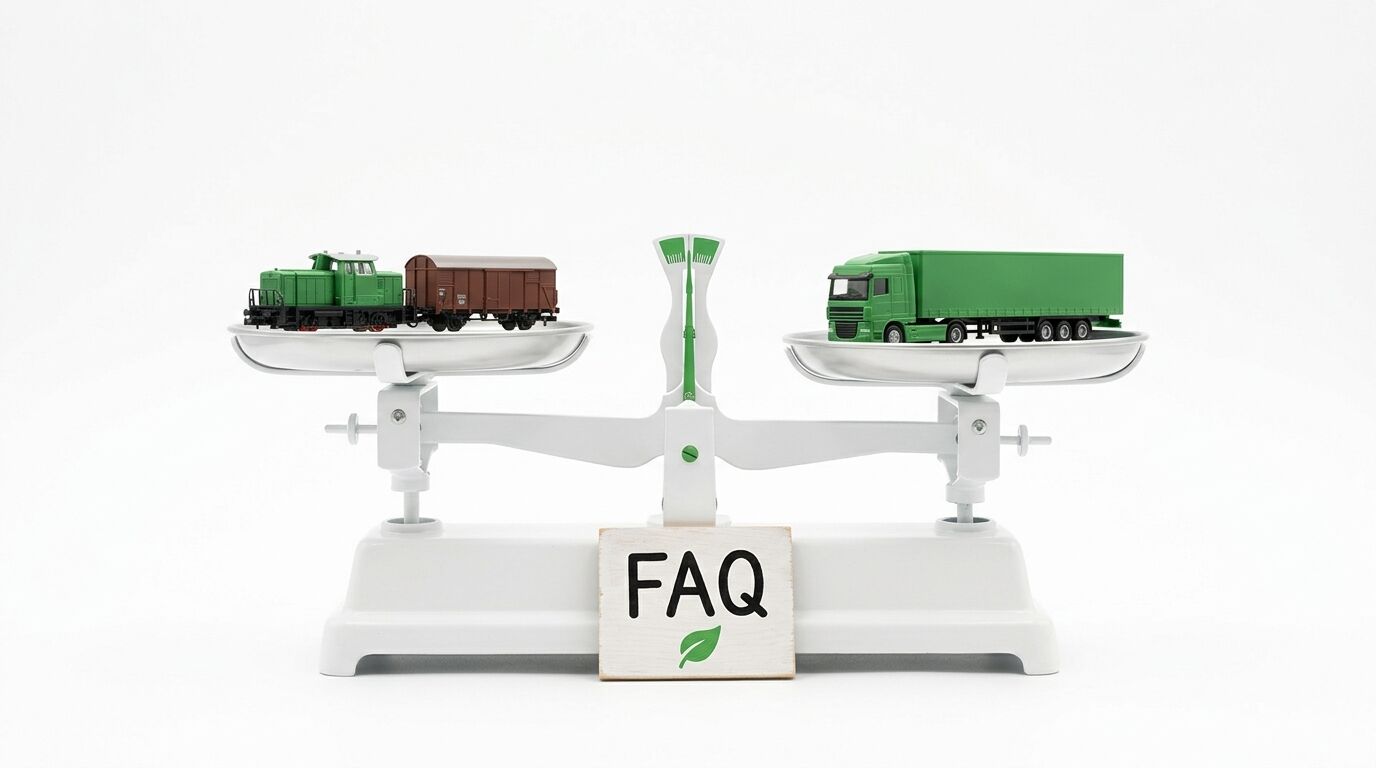 Zug und LKW auf einer Waage mit einem „FAQ“-Schild und einem grünen Blatt