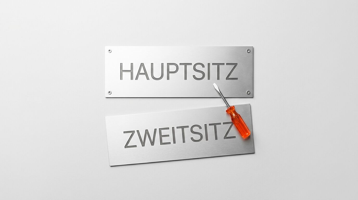 Zwei Metallschilder („HAUPTSITZ“, „ZWEITSITZ“), ein Schraubendreher
