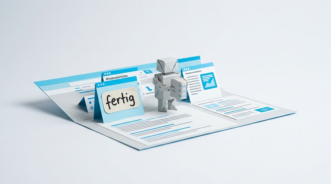 Ein Papierroboter steht auf einem aufgeklappten Web-UI-Papier-Mockup mit der Aufschrift „fertig“