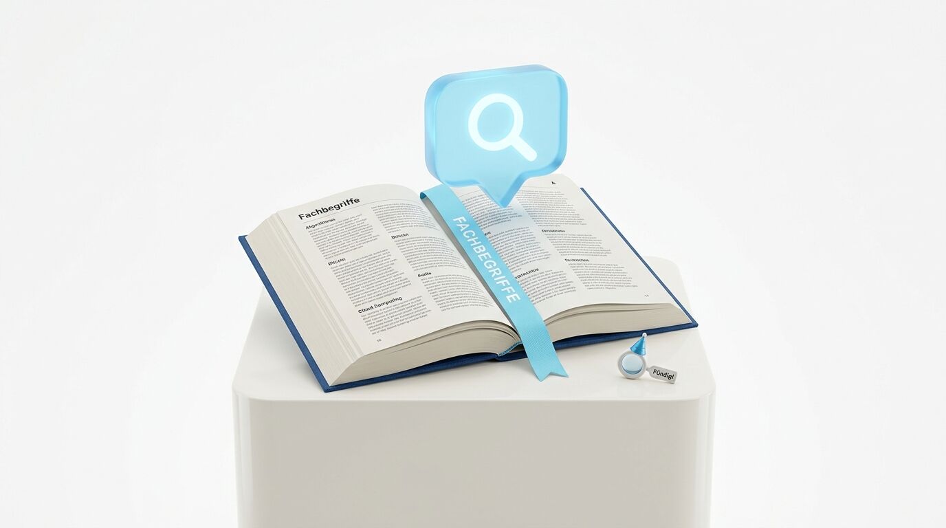 Ein offenes Buch mit Lesezeichen, Lupe und einem Lupen-Symbol in einer Sprechblase