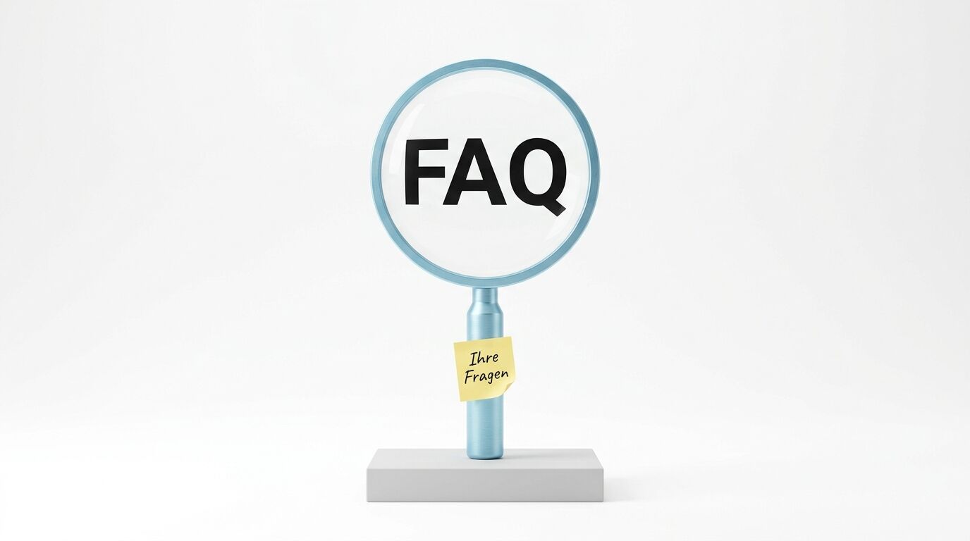 Eine Lupe zeigt „FAQ“ an. Am Griff klebt ein Zettel mit „Ihre Fragen“. Alles steht auf einem Podest vor weißem Hintergrund