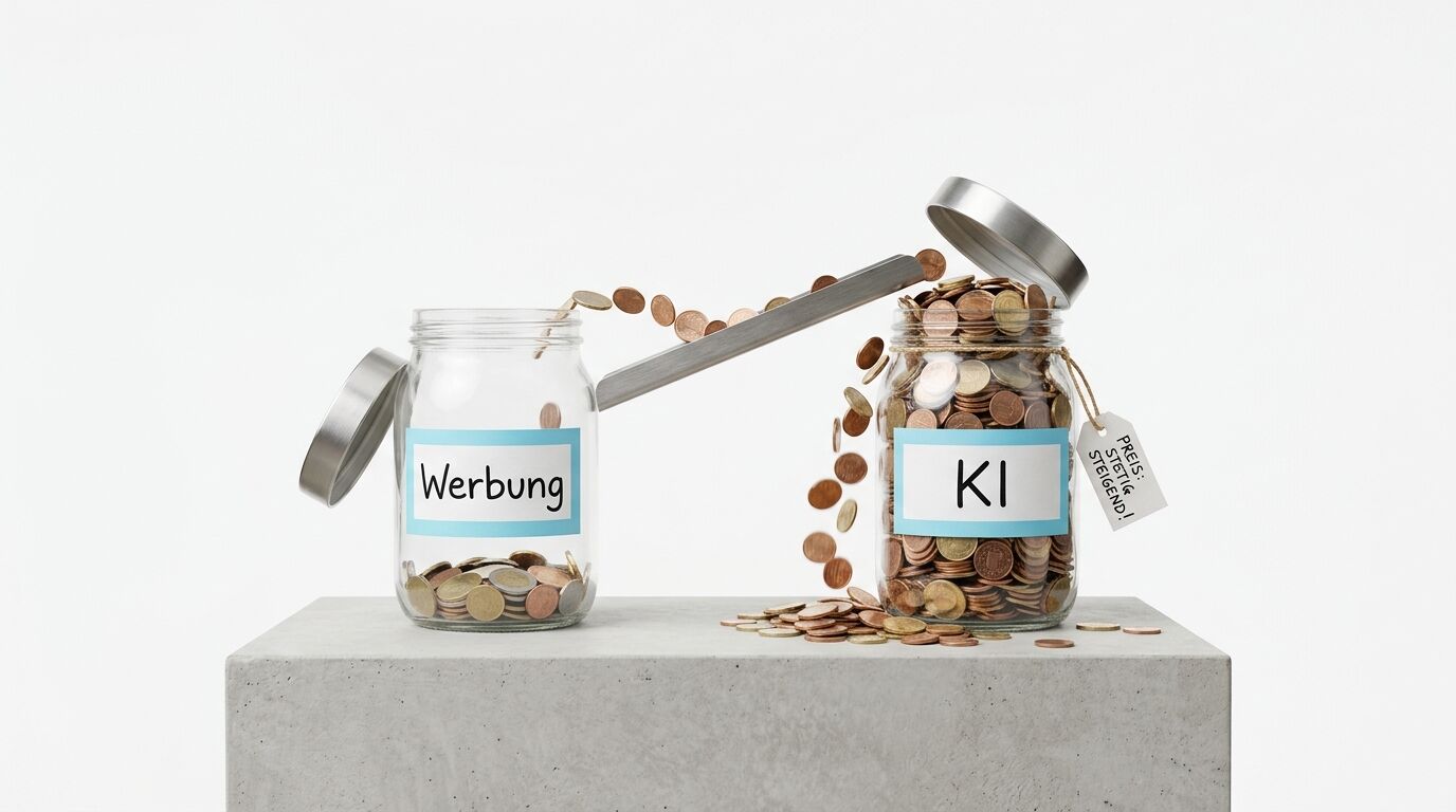 Zwei Gläser: „Werbung“ leert sich in volles „KI“-Glas, das überläuft. Ein Schild warnt vor steigenden KI-Preisen