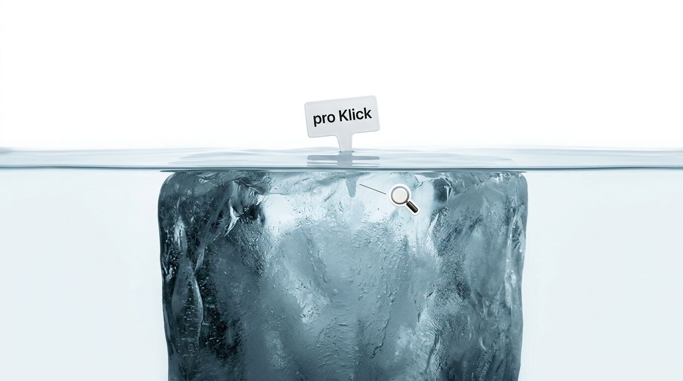 Ein großer Eisblock im Wasser, darüber ein Schild mit der Aufschrift „pro Klick“ und eine Lupe