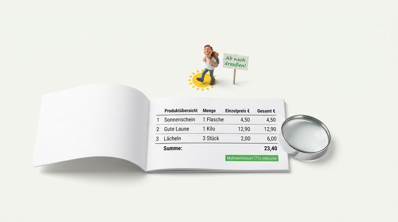 Wanderer-Figur, Schild, Sonnensymbol über offenem Buch mit Rechnungstabelle und Lupe