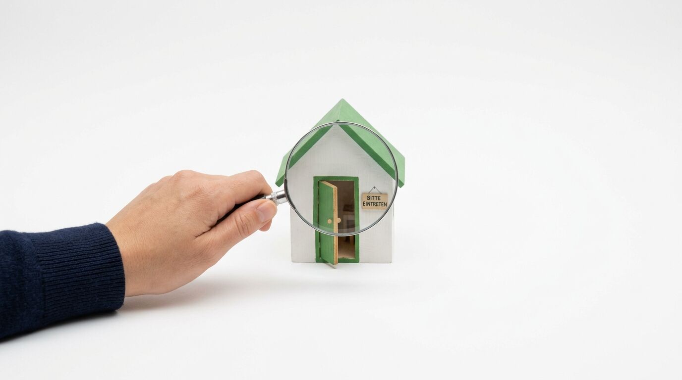 Hand hält Lupe über Modellhaus mit grüner Tür und Schild „BITTE EINTRETEN“ vor weißem Grund