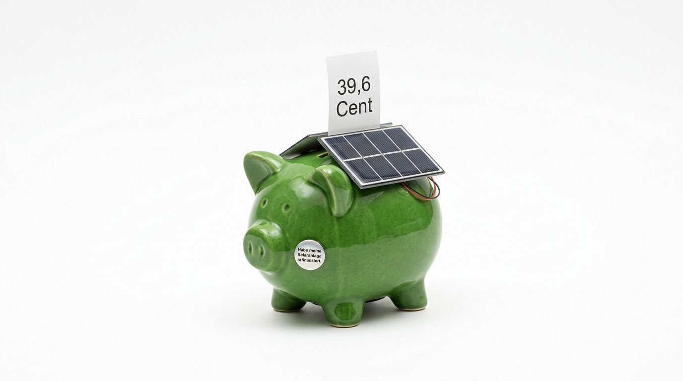Grünes Sparschwein mit Solarpanel und einem „39,6 Cent“-Schild auf weißem Grund